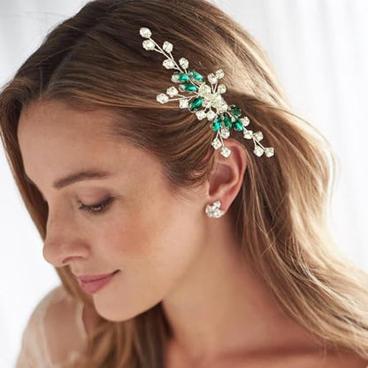 Green Bridal Hair Comb Small Wedding White Emerald Crystal Silver Vine Hair Piece Accessories for Women Girls