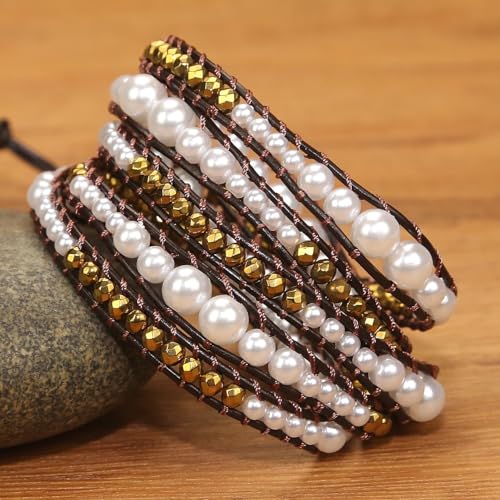 Boho Wrap Bead Bracelet for Women - Handmade Adjustable Natural Stone Beaded Bracelets Yoga Healing Bracelet Bangle Hippie Jewelry - color: Imitation Pearl