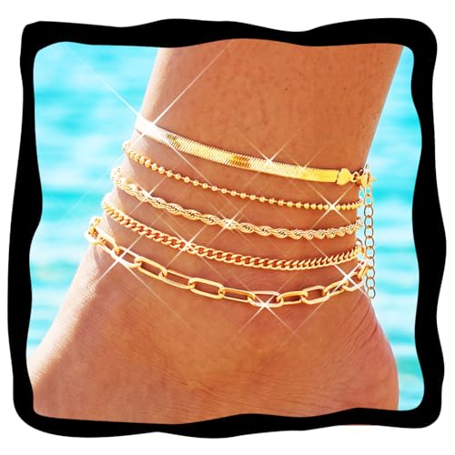 BODIY Plated Gold Ankle Bracelets for Women Cuban Link bracelet Layered Ankle Chains Boho Stainless Steel Anklet Summer Beach Foot Jewelry Gift Adjustable Size 5PCS