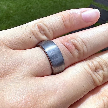 8mm Tungsten Carbide Genuine Natural Koa Wood Inner Inlay Ring Black/Gold/Silver/Rose Gold Wedding Band Hammered Textured Flat Style Comfort Fit Gift Box Included - color: Brushed Silver Tungsten