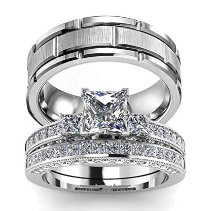 His Hers Wedding Ring Sets Couples Matching Rings Women's 10k White Gold Filled Square CZ Wedding Engagement Ring Bridal Sets & Men's Tungsten Carbide Wedding Band - style: women's size #6 & men's size #12