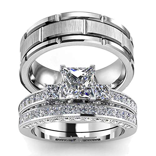 His Hers Wedding Ring Sets Couples Matching Rings Women's 10k White Gold Filled Square CZ Wedding Engagement Ring Bridal Sets & Men's Tungsten Carbide Wedding Band - style: women's size #6 & men's size #8