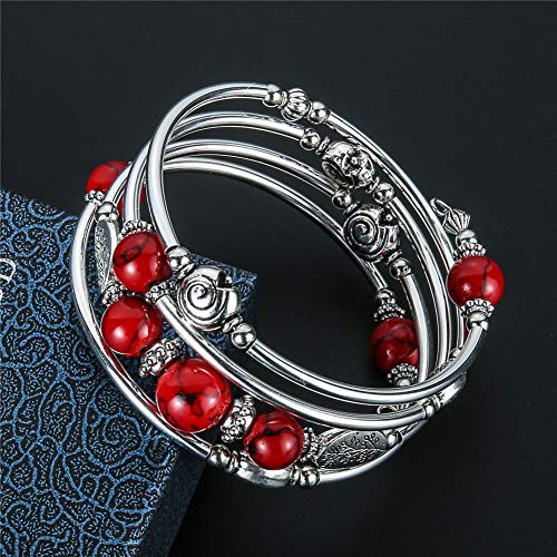Beaded Pearl Bangle Wrap Bracelet - Fashion Bohemian Jewelry Multilayer Charm Bracelet with Thick Silver Metal Beads, Gift For Women - color: 13-Red