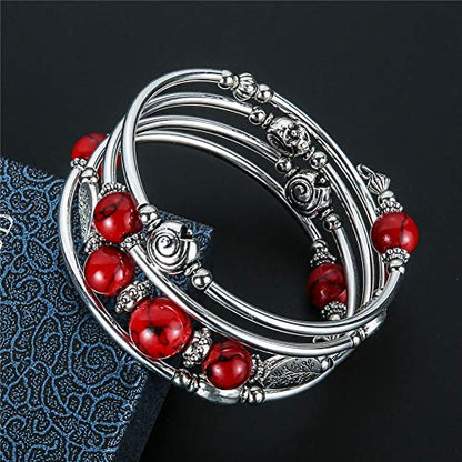 Beaded Pearl Bangle Wrap Bracelet - Fashion Bohemian Jewelry Multilayer Charm Bracelet with Thick Silver Metal Beads, Gift For Women - color: 13-Red