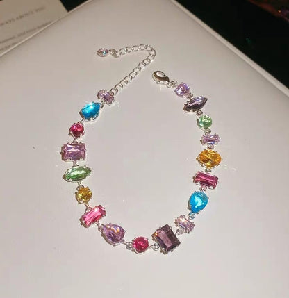 Silver Plated Rainbow Crystal Necklace, Sparkly Cubic Zirconia Rhinestone Multicolor Chain Choker Bracelet Earring Jewelry Set - style: Bracelet