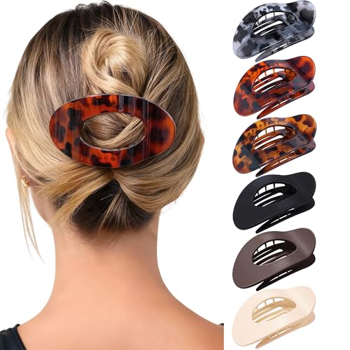 Mesovor 6 Pack Flat Hair Claw Clips, 4.33" Nonslip Round Lay Hair Clips | Strong Hold French Large Flat Hairclips for Lying Down, Yoga, Driving (Tortoise Colorful) - color: Tortoise Colorful