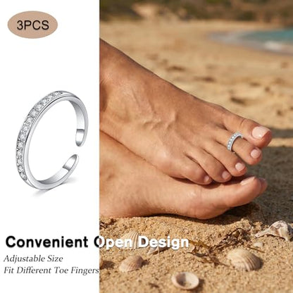 JFORYOU Toe Rings for Women Adjustable Open Toe Rings with Anklet Set CZ Flower Toes Ring for Summer Beach Foot Jewelry - color: 3pcs-silver toe rings Style B