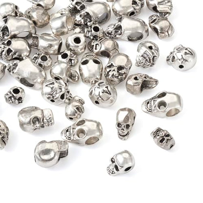 Elecrelive 50Pcs Alloy Skull Beads Skeleton Head Beads 10 Styles Antique Silver Halloween Charms for Gothic Necklace Bracelets Earrings Jewelry Making - color: Antique Silver