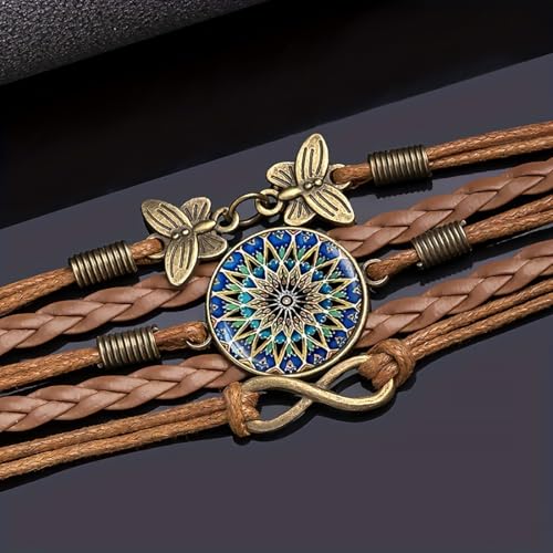 Women's Yoga Mandala Floral Bracelet - Handmade Boho Braided Faux Leather Wrap Bracelet with Butterfly Charm - Vintage Adjustable Hippie Jewelry