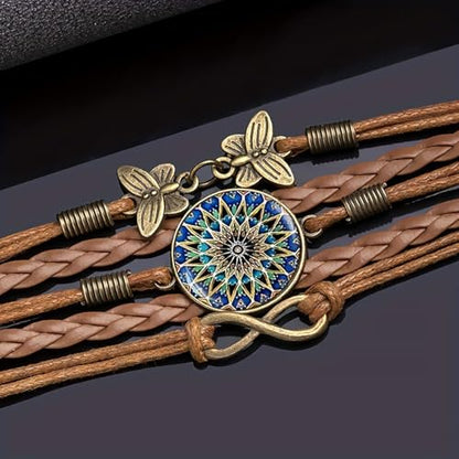 Women's Yoga Mandala Floral Bracelet - Handmade Boho Braided Faux Leather Wrap Bracelet with Butterfly Charm - Vintage Adjustable Hippie Jewelry