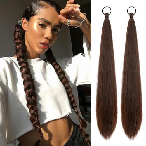 Yaki Straight Ponytail Extension 2 PCS 26 Inch Dark Reddish Brown Ponytail Extensions for Black Women 90g Synthetic Hairpieces for Braided Ponytail Extension DIY Daily Party Use - color: Dark Reddish Brown