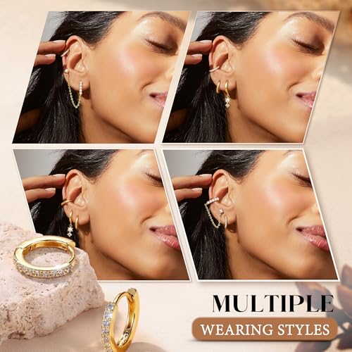 4 Pairs Small Hoop Earrings for Women 14K Gold Plated | Trendy Chain Drop Earrings Set, Hypoallergenic CZ Huggie Hoops, Lightweight Cartilage Earring Stacks - color: 14K Gold Plated-pearl hoop