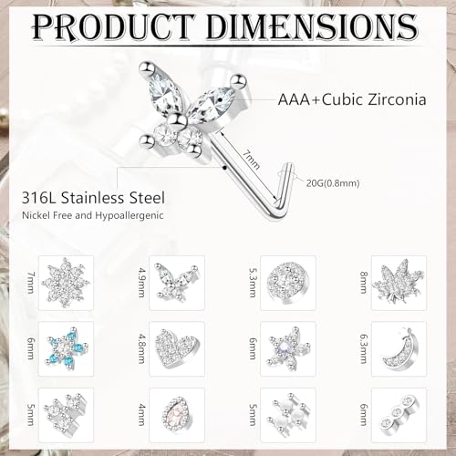 35-70 PCS 18G 20G Nose Rings for Women & Men - Gold Hoops, L Shape, Studs & Screw - 316L Surgical Stainless Steel - color: Silver-Clear CZ-20G-12pcs