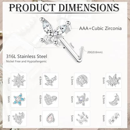 35-70 PCS 18G 20G Nose Rings for Women & Men - Gold Hoops, L Shape, Studs & Screw - 316L Surgical Stainless Steel - color: Silver-Clear CZ-20G-12pcs