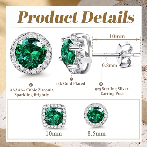 18K Gold Plated Halo Stud Earrings 925 Sterling Silver Cubic Zirconia Stud Earrings Round Square Diamonique Stud Earrings Set for Women Men - color: Silver&Green