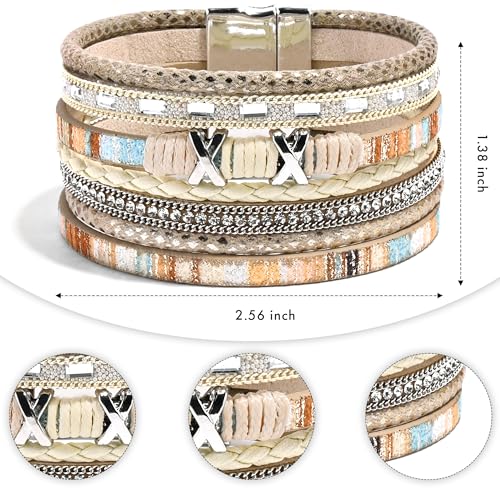 VIBILIA Boho Leather Wrap Bracelets for Women Multi-Layer Bracelets | With Strong Clasp Jewelry for Women - color: 02-XxMilletBead-Khaki