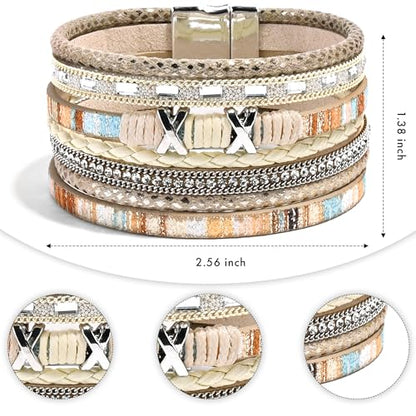 VIBILIA Boho Leather Wrap Bracelets for Women Multi-Layer Bracelets | With Strong Clasp Jewelry for Women - color: 02-XxMilletBead-Khaki