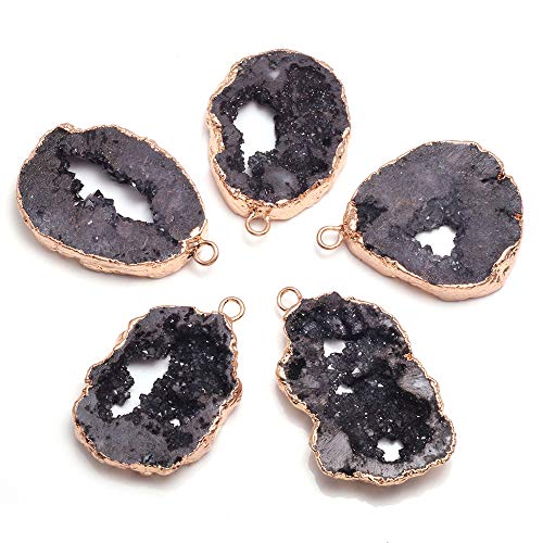 LE SKY natural stone pendant, irregular plated gold edge crystal agate stone pendant for jewelry making DIY necklace charms 25X30-35X45mm (2 Pcs) - color: black