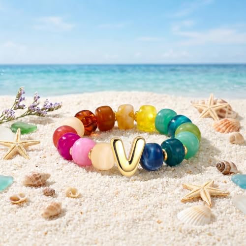 Bubble Initial Chunky Beaded Bracelet for Women Colorful Resin Bead Trendy Statement Big Stretch Bracelets Summer Beach Boho Charm Jewelry Cute Gifts for Women - color: Initial V