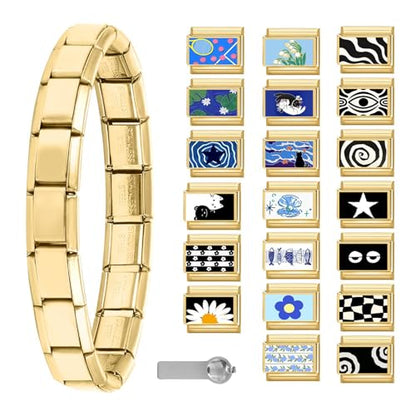 Italian Charms Bracelet Sets with 1Pcs Starter Brascelet 9Pcs Charms 9mm Italian Modular Charm Bracelet DIY Module Jewelry Gifts - color: A-Starter Bracelet Set-20Pcs Gold Black