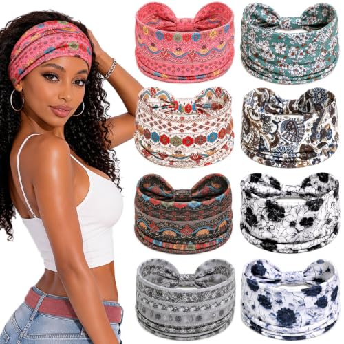 Awumbuk Wide Headbands for Women Knotted Non Slip, 8 Pack Soft Head Bands to Hide Hairline, Fashion Boho Style Bandana, Moisture Wicking Hair Bands for Workout Sports Yoga Makeup - color: Ink flower white