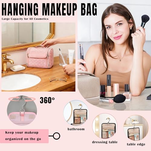 banapoy Hanging Toiletry Bag for Women, Roll up Cosmetics Makeup Bag, Travel Makeup Cosmetic Organizer with Hanging Hook, for Jewelry Toiletries, 10.63x9.45x6.30in (Pink) - color: Pink