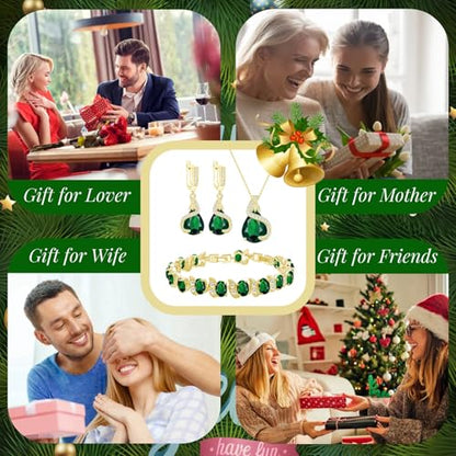 GZWHD Jewelry Set for Women Water Drop Cubic Zirconia Artificial Crystal Earrings Pendant Necklace Open Ring Tennis Bracelet Wedding Anniversary Birthday Engagement Gift for Bridesmaid Wife Girlfriend Friend - color: Gold-Green-No Ring