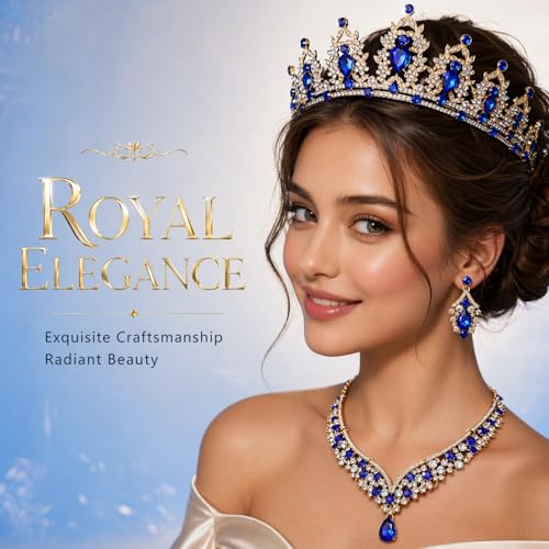 Tiaras and Crowns for Women,Tiaras Earrings Necklace, Crystal Bridal Jewelry Set - color: Blue