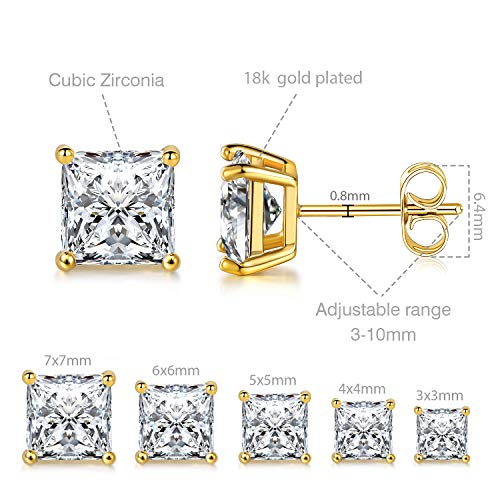 MDFUN 5 Pairs Square Earrings Set for Women Hypoallergenic 18K White Gold/Yellow Gold/Rose Gold Plated Princess Cut Clear Cubic Zirconia Stud Earring 3-7MM Pack of 5 - color: Yellow Gold