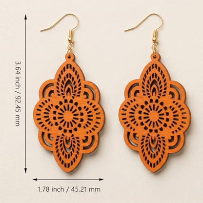 Boho Black Filigree Dangle Earrings for Women, Lightweight Hollow Lace Drop, Wood, 3.34" x 1.69", Bohemian Jewelry - color: Orange