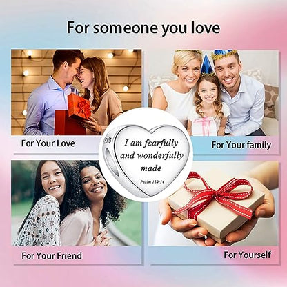 Bible Family Mom Wife Love Heart Dangle Charm 925 Sterling Silver Charms fits Bracelets and Necklace Pendant Bead Charms Jewelry Present for Women Family Friends - style: Bible - I am fearfully and wonderfully made charm
