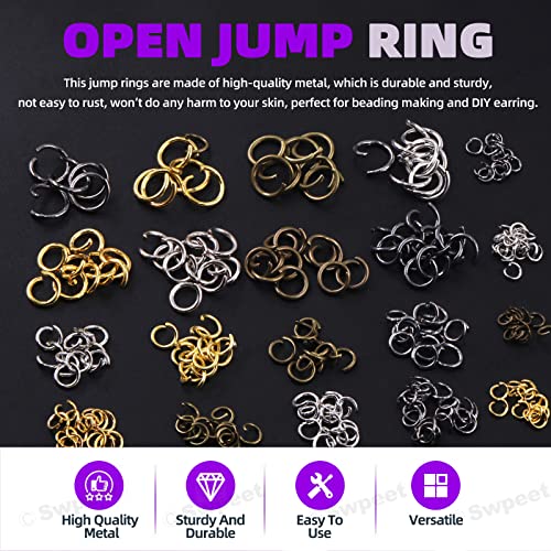 Swpeet 1414Pcs 4mm 5mm 6mm 8mm 10mm Open Jump Rings and Lobster Clasps with Jewelry Repair Tools Assortment Kit, Including Waxed Necklace Cords, 12mm Lobster Clasps, Tibetan Silver Pendant