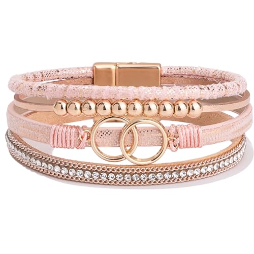 Chunky Boho Leather Wrap Bracelets Cowgirl Beaded Circle Western Jewelry | Stackable Infinity Layered Bohemian Magnetic Clasp Cuff Statement Fashion Colorful Country Hippie Outfits for Women Trendy - color: Shiny Pink