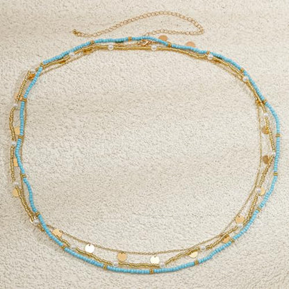 14K Gold Plated Belly Chain Layered Adjustable Waterproof Sparkling Sequin Body Chain Sparkling beads Sexy Bikini Waist Chain With Scalable Elastic Rope - Aqua Brown Golden - color: 3 Layers Aqua