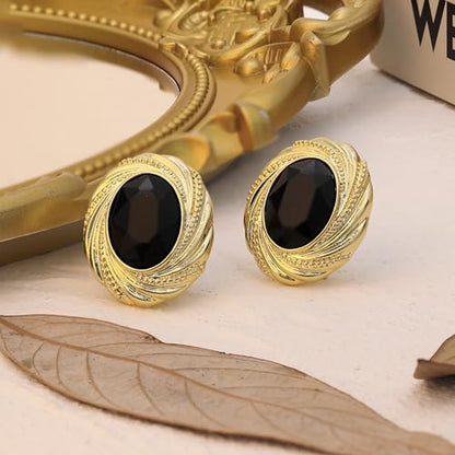 Chunky Gold Geometric Stud Earrings Trendy Vintage 14K Gold Plated Black Cubic Zirconia Statement Cocktail Earrings Dupes Jewelry for Women - style: Black Stone B