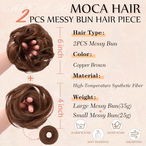 2PCS Messy Bun Hair Pieces Synthetic Hairpieces For Women Copper Brown | Messy Bun and Donut Bun in one set for natural-looking volume and elegant updos for every occasion. - color: Copper Brown
