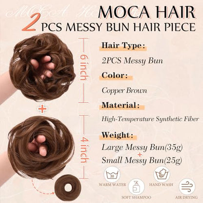2PCS Messy Bun Hair Pieces Synthetic Hairpieces For Women Copper Brown | Messy Bun and Donut Bun in one set for natural-looking volume and elegant updos for every occasion. - color: Copper Brown