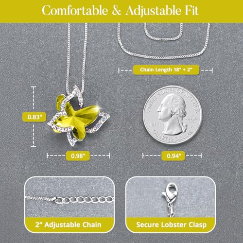 Butterfly Necklace, Birthstone Crystal, for Women, Silver Tone Pendant Jewelry, Anniversary Birthday Gift for Her, Wife & Mom, 18"+2" - color: 11b-November-Healing Stone for Happiness - Citrine Yellow Crystal