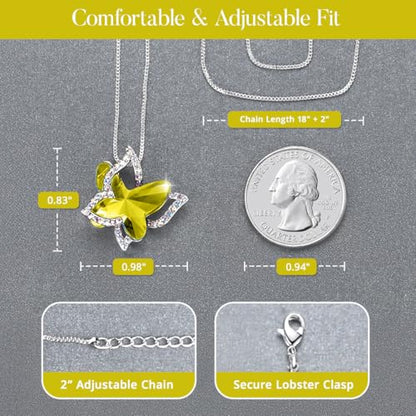 Butterfly Necklace, Birthstone Crystal, for Women, Silver Tone Pendant Jewelry, Anniversary Birthday Gift for Her, Wife & Mom, 18"+2" - color: 11b-November-Healing Stone for Happiness - Citrine Yellow Crystal