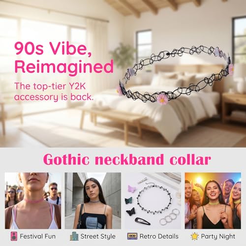 PAGOW Tattoo Choker Set, Stretchy 90s Choker Necklace, Adjustable Retro Y2K Gothic Grunge Chokers Jewelry Accessories - color: 9 Colors,9Pcs