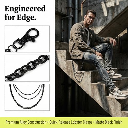 NIIIYTYB Gothic Black Purse Chain Belt for Women Matte Waist Belt Chains and Wallet Strap Accessories 3 Chain for Goth Grunge Pants Western Style Jewelry