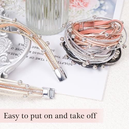 2 Pcs Leather Wrap Bracelets for Women Boho Rustic Multi-Layer Bracelet Clasp Beads Stackable Faux Rhinestone Bracelet Cuff for Women Slender Wrist - color: Black