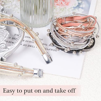 2 Pcs Leather Wrap Bracelets for Women Boho Rustic Multi-Layer Bracelet Clasp Beads Stackable Faux Rhinestone Bracelet Cuff for Women Slender Wrist - color: Black