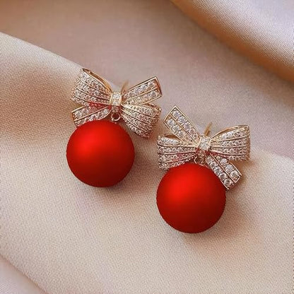 Gold Bow Earrings for Women, Long Tassel Chain Drop Earrings, Trendy Small Bow Earrings, Ribbon Waterfall Dangling Earrings, Pearl Bow Earrings, Sparkly Elegant Bowknot Preppy Jewelry Gifts for Women - color: Red-Q