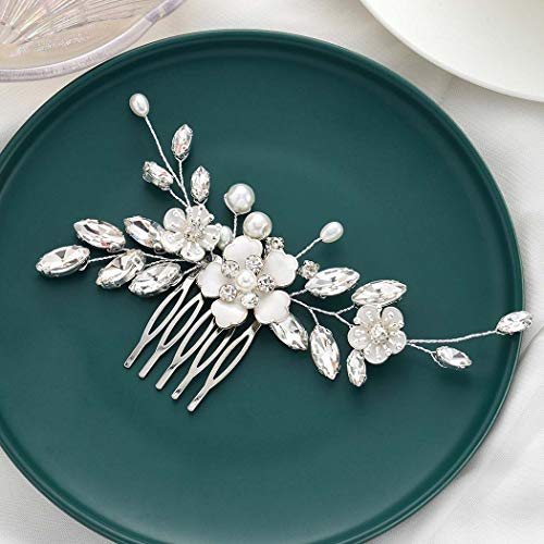 Bride Wedding Hair Comb Silver Flower Bridal Hair Piece Crystal Side Combs Hair Accessories for Women and Girls (A-Silver)
