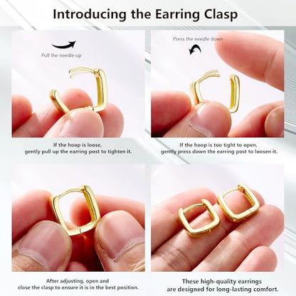 Silver Hoop Earrings for Women Gold Square Huggie Earring for Daily Wear | ALEXCRAFT Hypoallergenic Small Cubic Zirconia Silver Earring Thin Hoop Huggie Earrings for Women Fashion Jewelry Gifts - color: 14K Gold