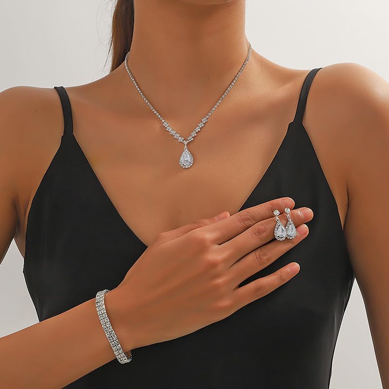 Paxuan Silver/Gold Rhinestone Crystal Wedding Bridal Bridesmaids Earrings Bracelet Set for Women Brides Bridesmaids Crystal Rhinestone Bracelet Earrings Set for Wedding Bridal Prom Pageant - color: Style1 - Necklace + Earrings + Bracelet(Silver Plated Whi