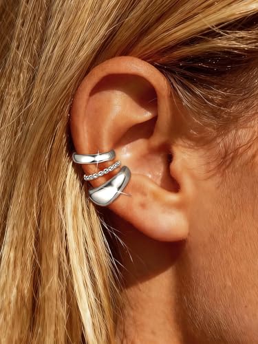 Ear Cuffs Non Piercing Hypoallergenic Gold Plated Ear Cuff Earrings for Women Trendy Clip On Cartilage Earring Set Dainty Adjustable Fake Piercings Earrings Fashion Accessories - color: B:3pcs silver ear cuffs
