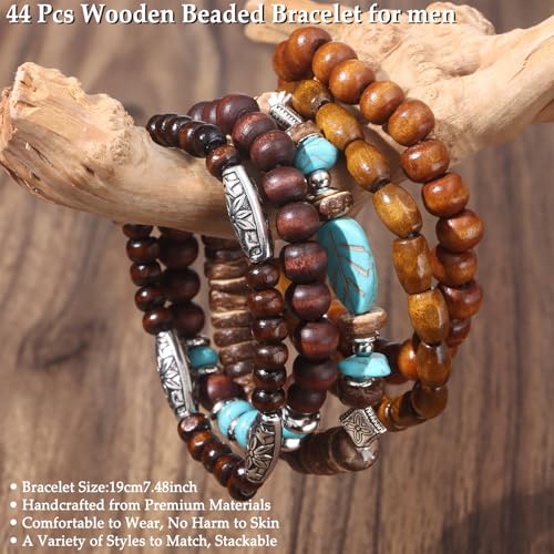 Giovanchi 41/44 PCS Wooden Beaded Bracelets for Men Larger Size Adjustable Punk Braided Wooden Bracelet Bulk Wood Bangles Wristbands Meaningful Jewelry Gift - style: Style A:44 PCS