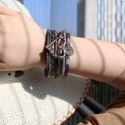 Womens Love Heart Leather Wrap Bracelet Multi-layer Stacked Bangle | Magnetic Clasp Soft PU Leather Resin Stone Rhinestone Boho Style Birthday Valentine Christmas Bohemian Jewelry Gift - color: Dark Grey